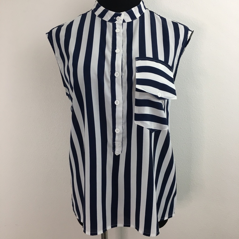Navy & White Sleeveless Blouse